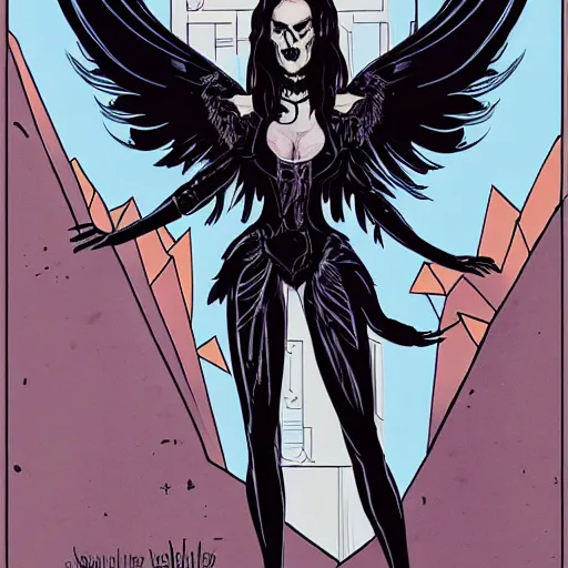 Image similar to Jennifer Connelly as dark angel gothic atompunk evil Disney villain queen with black feather hair, feathers growing out of skin, in front of space station window, Mike mignola, trending on artstation, comic book cover, illustration