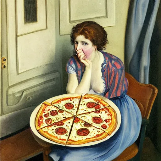 Image similar to A beautiful print of a young lady with a serious case of the munchies, eating an entire pizza while sitting in front of an open refrigerator. body paint by Harriet Backer, by Go Nagai funereal