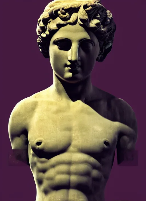 Image similar to ancient greek statue, beeple, vaporwave, retrowave, black background, neon, black, glitch, strong contrast, pinterest, trending on artstation