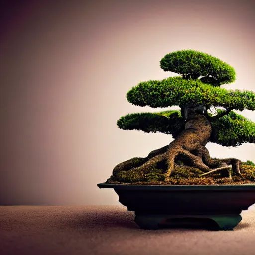 Image similar to A picture of a planet of various flowers, fungus and plants, Bonsai , in which the human figure is dressed in something magical and impressive, inside the picture is infinity, muted light, BotanicalAtmospheric phenomenon, artistic photography, muted colors, conceptual, Kodachrome