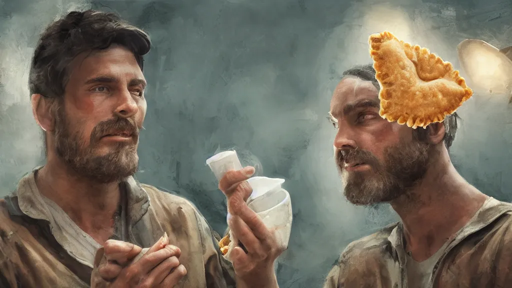 Image similar to ''homelander from the boys eating empanada, digital paintting, ultra realistic, very detailed, cinematic shot, concept art, high quality, 8 k''