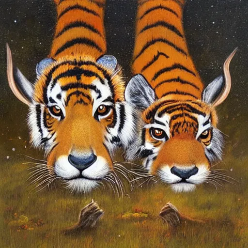 Image similar to a painting of deer and tiger facing each other, their heads bowed towards ground by esao andrews