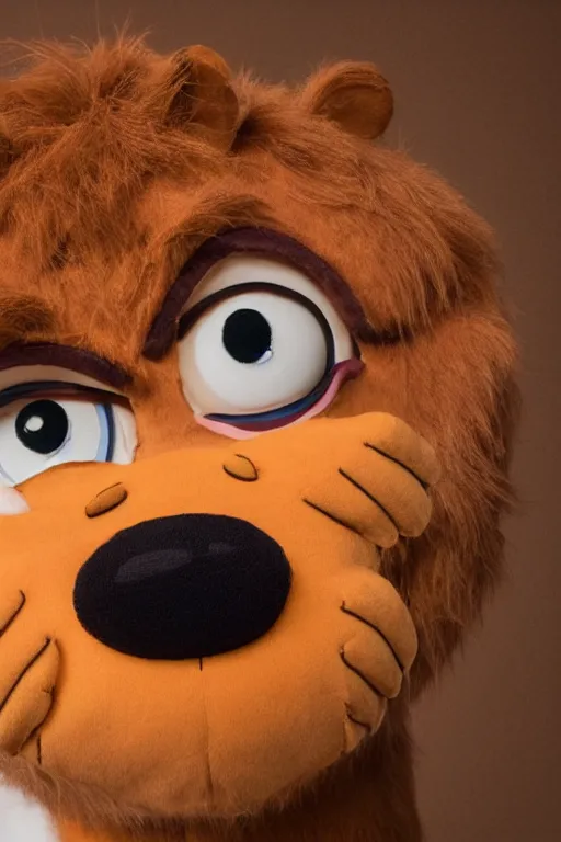 Image similar to portrait of Jacksfilms dressed in Garfield costume, starring in live-action adaptation of the comics, close-up photograph, shallow depth of field