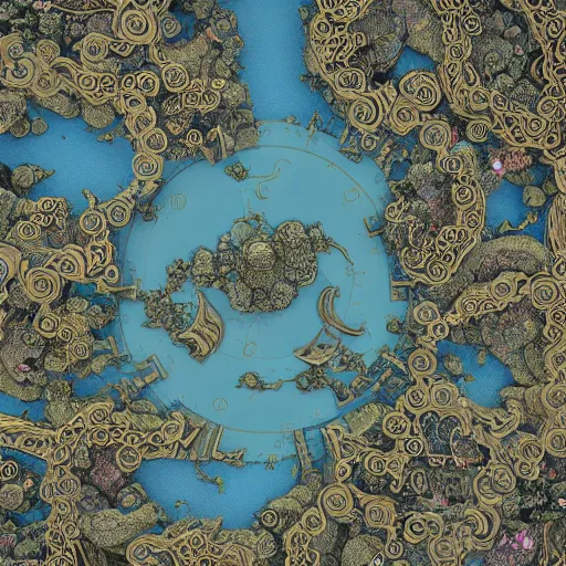 Image similar to intricate baroque kawaii cartography map of a fantasy world : : terrain cartography, fantasy aesthetic, autodesk 3 d rendering, v - ray collection, maverick studio, arnold 3 d render, blender render, indigo renderer, redshift render, enscape render, maxwell render, luxcorerender, renderman, lumion render, marmoset render