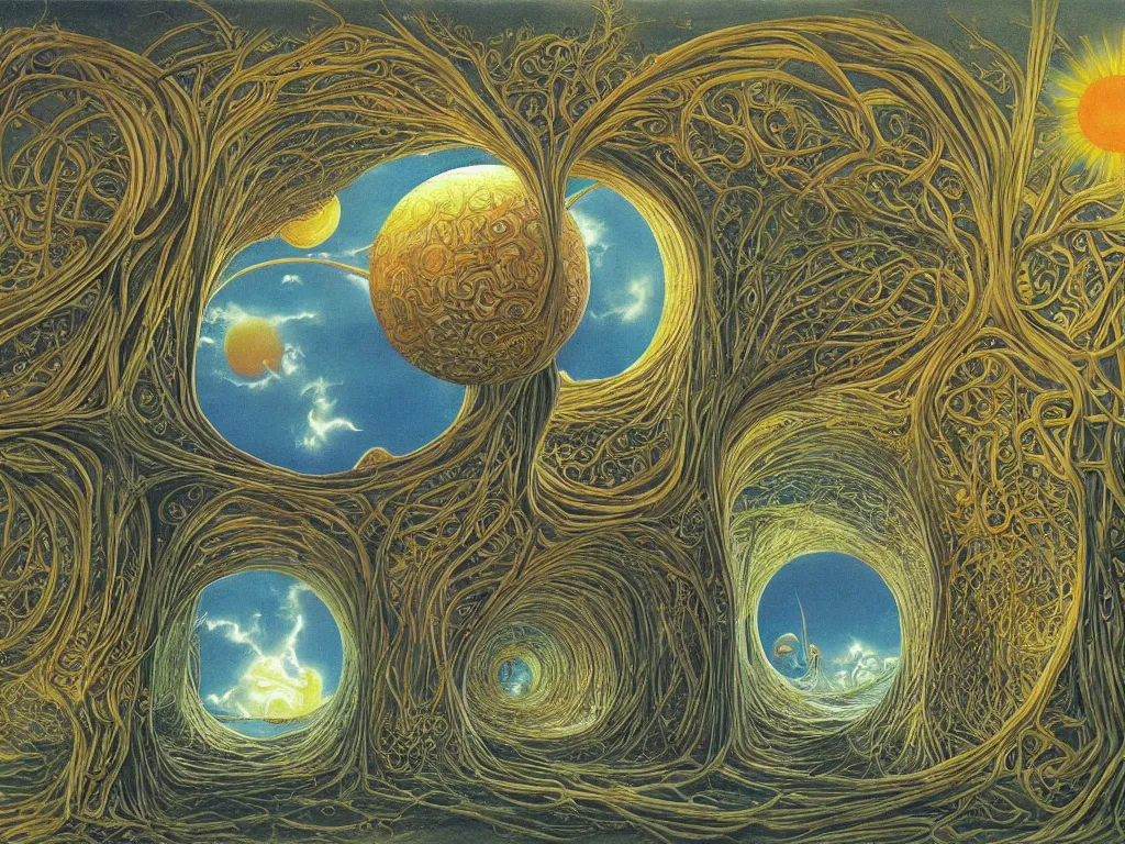 Image similar to The inside of the sun. Mystical, organic, crystal, iridescent, infinite hallways. Eye. Entwined gods. Painting by Roger Dean, Escher, Lucas Cranach