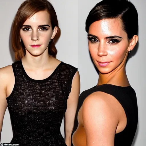 Image similar to a full - figure profile photograph of a woman who is a genetic combination of emma watson and kim kardashian