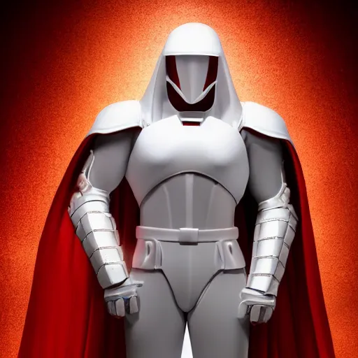 Image similar to tall muscular infantry man in glossy sleek white armor with a few red details and a long red cape, heroic posture, on the surface of mars, night time, dramatic lighting, cinematic, sci-fi, hyperrealistic, movie still