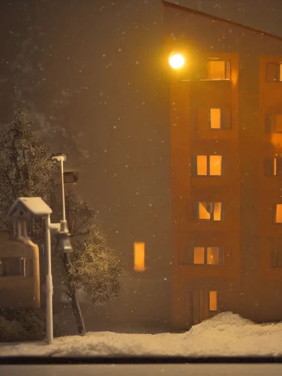 Image similar to small diorama a soviet residential building in soviet suburb, 9 0 s, lights are on in the windows, dark night, two man fighting for bottle of vodka on yard, cozy atmosphere, fog, cold winter, snowing, streetlamps with orange volumetric light, several birches nearby,