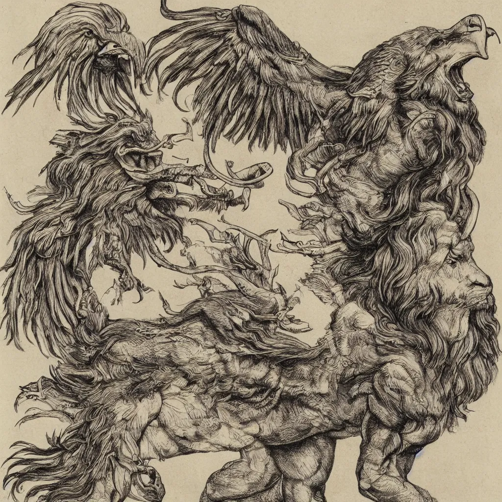 Image similar to human / eagle / lion / ox hybrid with two horns, one beak, mane and human body. drawn by da vinci