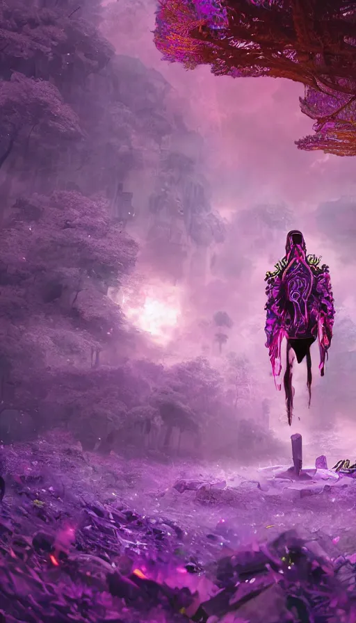 Prompt: a future sci fi ancient god on the middle of a purple forest looking to a young male dressed with streetwear holding a portal that's about to explode, abandoned city with graffiti, sweat drops, insane, intricate, highly detailed, voxel art, smooth, sharp focus, Unreal Engine 5, 8K, art by Diego Velázquez