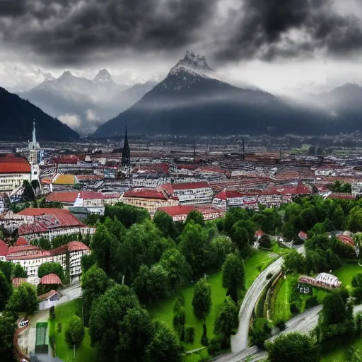 Image similar to munich against a background of mountains with heavy clouds cinematic still 4 k