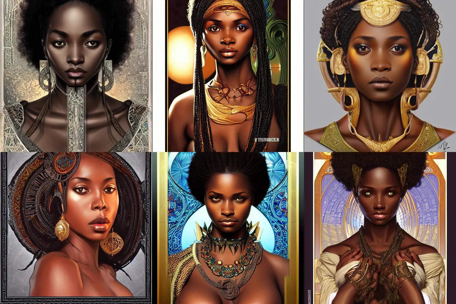 Prompt: black african princess, symmetric, highly detailed, concept art, intricate, sharp focus, illustration, bouguereau, alexandros pyromallis, rutkowski, artgerm, alphonse mucha