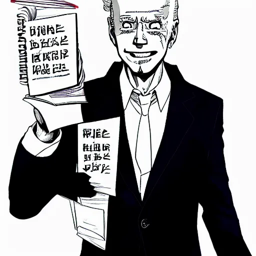 Prompt: biden in death note, anime style, holding black notebook
