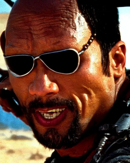 Image similar to film still close up shot of dwayne johnson in the movie mad max 2 the road warrior. photographic, photography