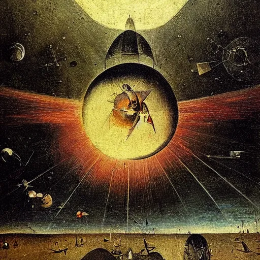 Image similar to A painting of a spaceship burning as it enters Earth's atmosphere, Hieronymus Bosch, sharp, colorful, detailed