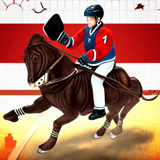 Prompt: photo realistic hockey player riding a horse, realistic, award winning, cinematic