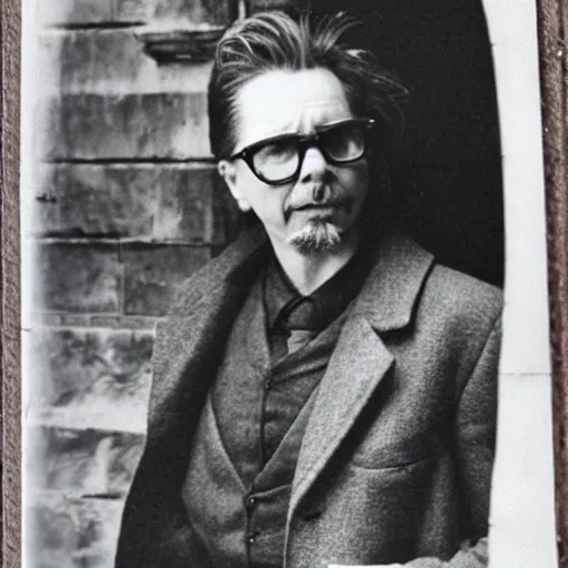 Prompt: an old worn photo of gary oldman emerging from his stone tomb