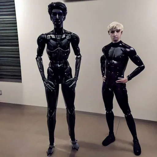 Image similar to “a realistic detailed photo of a guy who is an attractive humanoid who is half robot and half humanoid, who is a male android, twitch streamer Ninja Tyler Blevins, shiny skin, posing like a statue, blank stare, streaming”