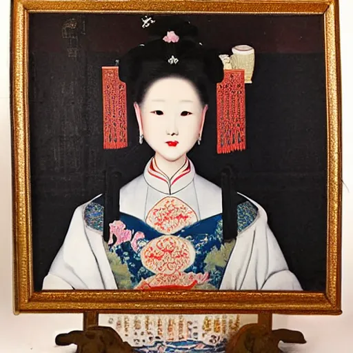 Image similar to portrait photo of pretty princess foundation makeup, qing dynasty, authentic kingdom environment by caravaggio