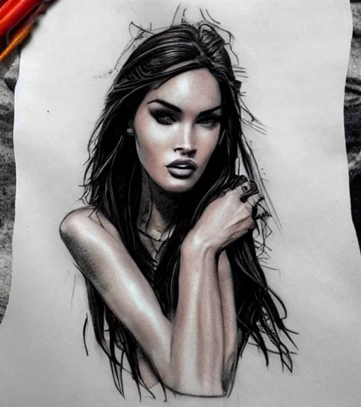 Image similar to double exposure effect tattoo design sketch of megan fox with beautiful mountain scenery, realism tattoo, in the style of matteo pasqualin, amazing detail, sharp