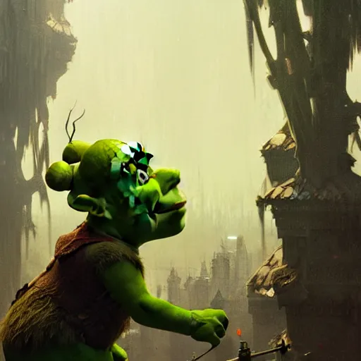 Image similar to shrek wearing vr headset, highly detailed, digital painting, artstation, concept art, sharp focus, illustration, art by greg rutkowski and alphonse mucha