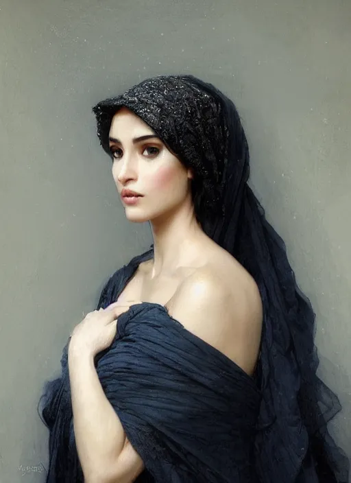 Image similar to arab Ameera al-Taweel, crystal blue eyes, wavy black hair, tanned skin, white veil, intricate, elegant, highly detailed, artstation, concept art, sharp focus, ruan jia, jurgens, orientalism, bouguereau