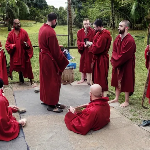 Prompt: a group of men wearing robes and pendants performing a occult ritual outside involving bananas