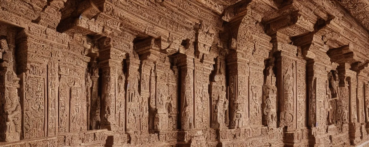 Image similar to temples intricately carved with language of the gods, depicting species long extinct and ethereal beings, sanskit, hieroglyphs, artistic carved into marble pillars at the entry way to heavan, high detail, cinema lens, cinematography, ethereal lighting - H 640