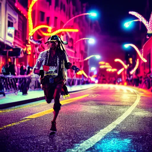 Prompt: jack sparrow running a marathon at night on a neon lit street, cinematic, detailed