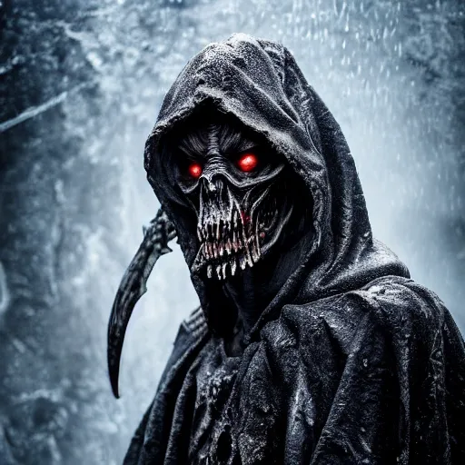 Image similar to photo taken of an epic intricate, ultra detailed, super realistic gritty, wet, slimy, lifelike sculpture of a nightmarish hellish humanoid hooded grim reaper, creature design created by weta workshop, menacing, some zoomed in shots, photorealistic, sharp focus, extremely cold blueish colour temperature, f 0. 4, full body shot