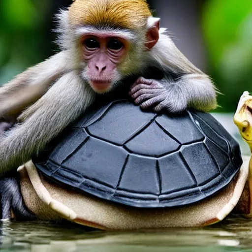 Image similar to a monkey sitting on the back of a turtle