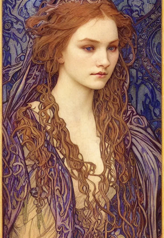Image similar to detailed realistic beautiful young medieval queen face portrait by jean delville, alphonse mucha, vincent van gogh, and marco mazzoni, art nouveau, symbolist, visionary, gothic, pre - raphaelite
