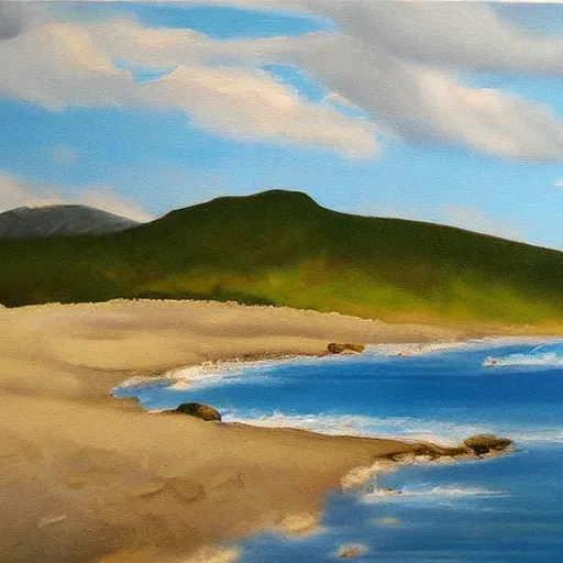 Prompt: realist landscape painting of mountains by the ocean, blue sky with clouds