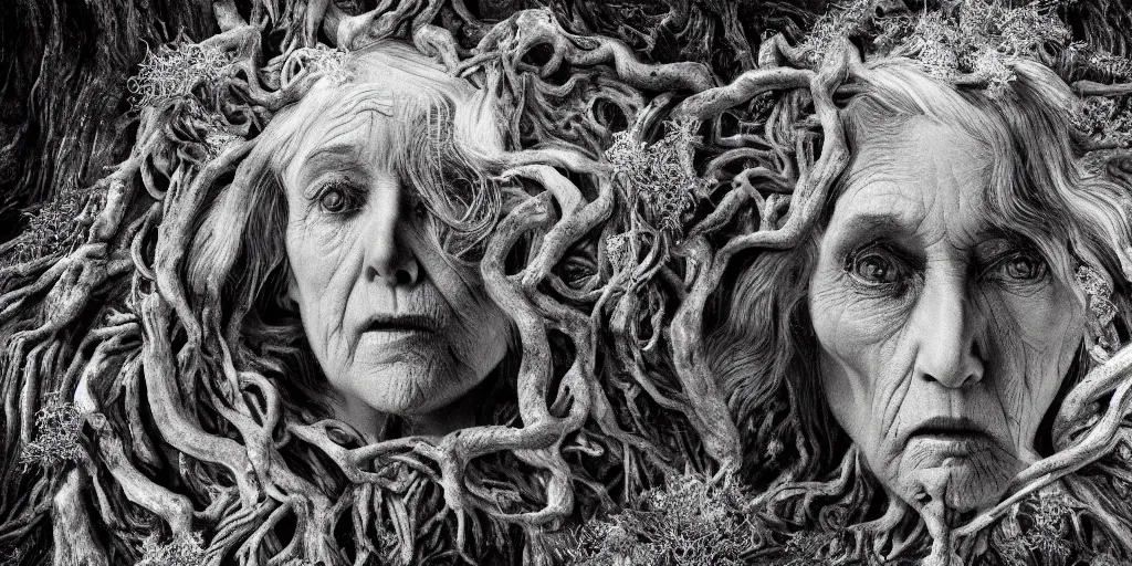 Image similar to photography of old ugly witch living in a root cave, edelweiss growing from her head, forest, dolomites, alpine, detailed intricate insanely detailed octane render, 8k artistic 1920s photography, photorealistic, black and white, chiaroscuro, hd, by David Cronenberg, Raphael, Caravaggio