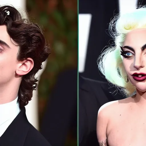 Image similar to timothee chalamet and lady gaga meet eachother, highly beautiful faces, highly detailed