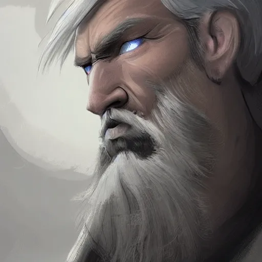 Prompt: a highly detailed portrait of a epic massive fantasy man with grey hair and beard staring ominously concept art