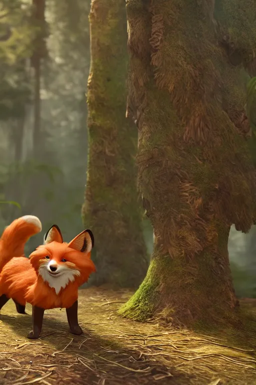 Prompt: a medieval anthropomorphic fox with a fluffy tail in a forest, backlighting, cgi, rendered in unreal engine, trending on artstation, cartoon