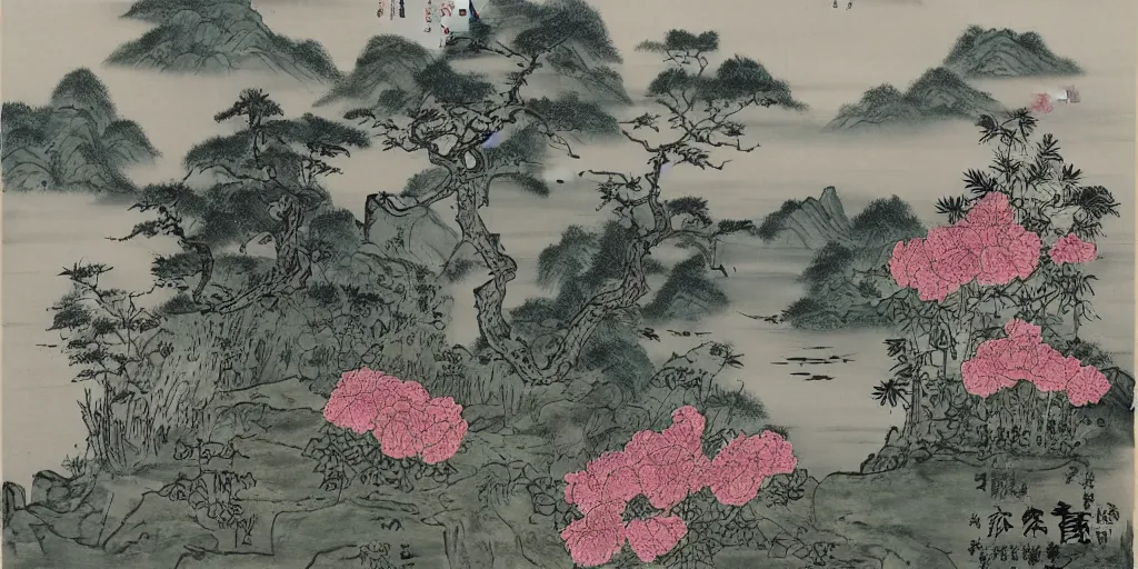 Prompt: summer manor with peony flowers and lake, chinese ink painting