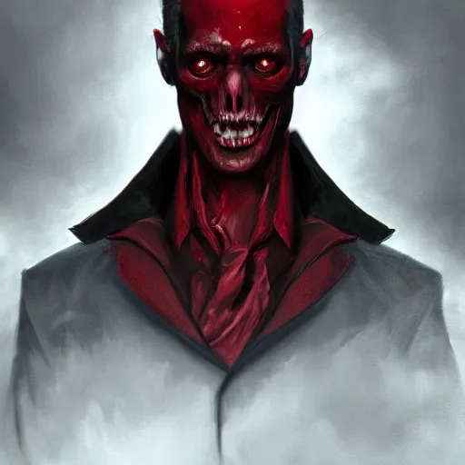 Image similar to portrait of balen shah upper body in bloody business suit, blood red eyes, vampire fangs, fantasy, intricate, elegant, highly detailed, digital painting, artstation, concept art, matte, sharp focus, illustration, art by aenaluck and roberto ferri and greg rutkowski, epic fantasy, digital painting