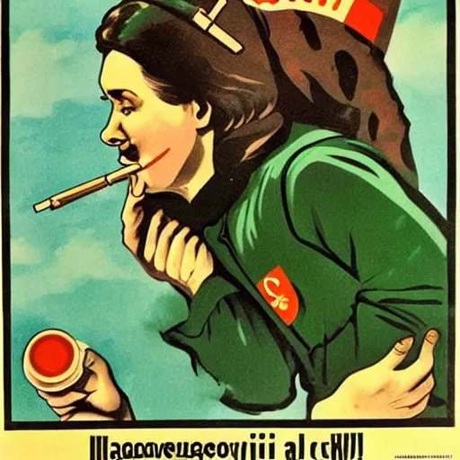 Image similar to a soviet era propaganda poster depicting marijuana