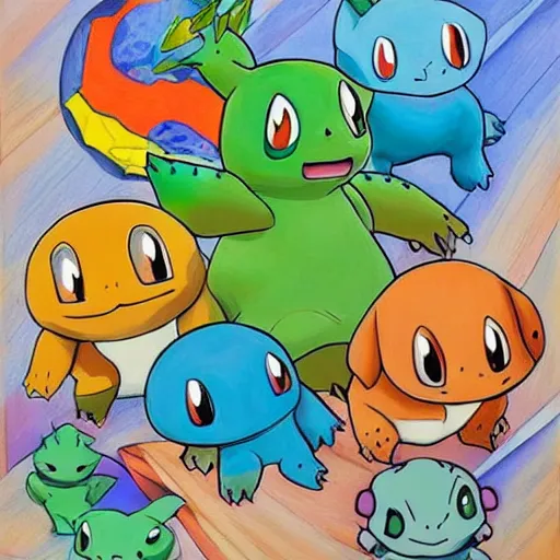 Prompt: Bulbasaur, Charmander, Squirtle in one big family painting