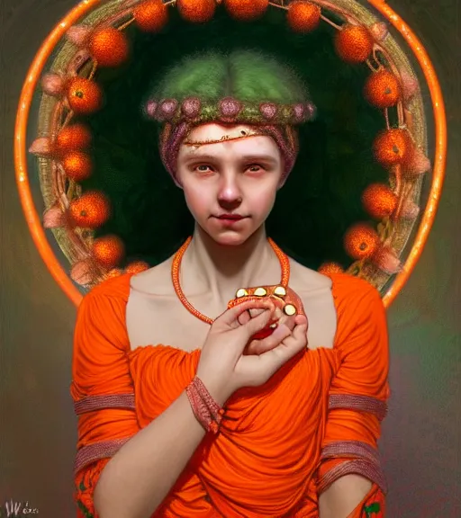 Prompt: portrait of teenage medusa, bald, naughty smile, coral snakes cover her head, wearing an embroidered orange tunic, intricate, elegant, copper and emerald jewelry, glowing lights, highly detailed, digital painting, artstation, concept art, smooth, sharp focus, illustration, art by wlop, mucha, artgerm, and greg rutkowski