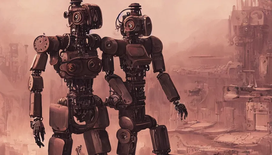 Image similar to Dieselpunk Illustration of two humanoid robots holding hands looking at each other, the remains of human civilisation in the background by Galan Pang, James Paick, Komatsuzaki retro-futurism, sci fi, dystopian, trending on artstation, masterpiece, concept art, octane render