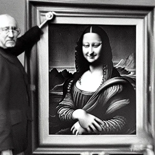 Image similar to old vintage photo from behind of leonardo da vinci painting his unfinished painting of monalisa
