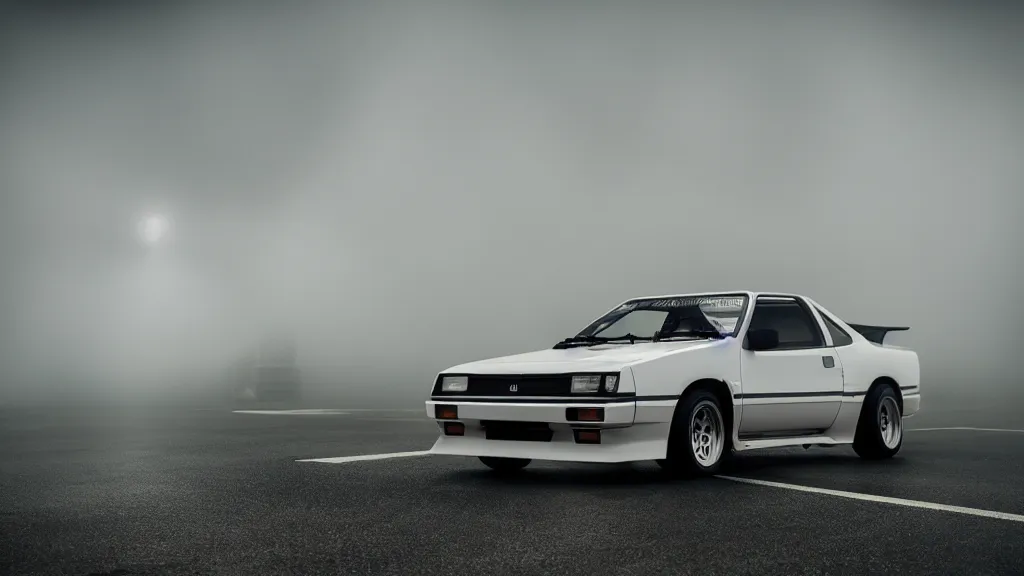 Image similar to a trueno ae 8 6, cinematic, white balance, neon, 8 k, rim lighting, led, lumen global illumination, fog, ray tracing reflections