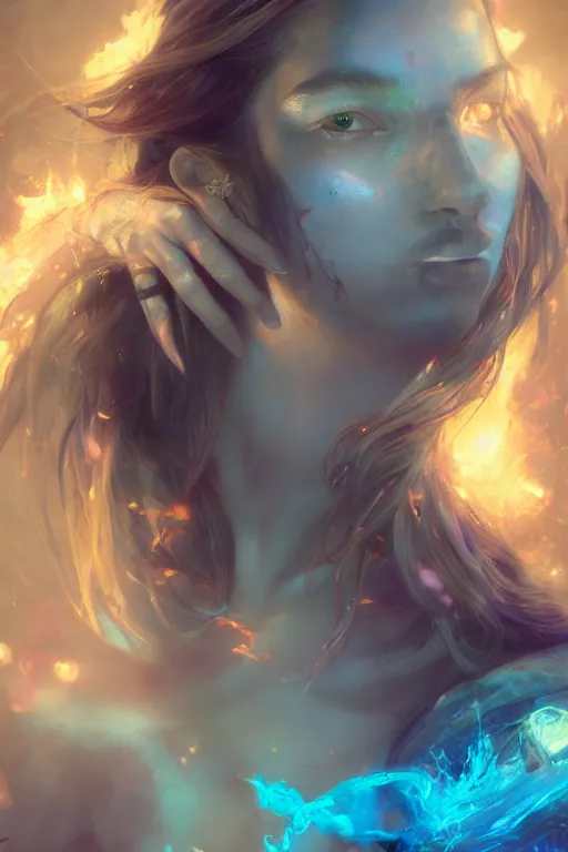 Image similar to half body closeup of extremely beautiful girl necromancer, magical fairy flowers and ice, angels, 3 d render, hyper - realistic detailed portrait, holding fire and electricity rainbow, ruan jia, wlop. scifi, fantasy, magic the gathering, hyper detailed, octane render, concept art, peter mohrbacher