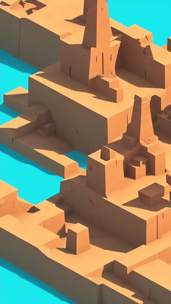 Image similar to matte 3 d low poly scene of a desert temple, lat lighting, isometric perspective on tropical beach background, soft shadows, 3 d render, monument valley, fez game,