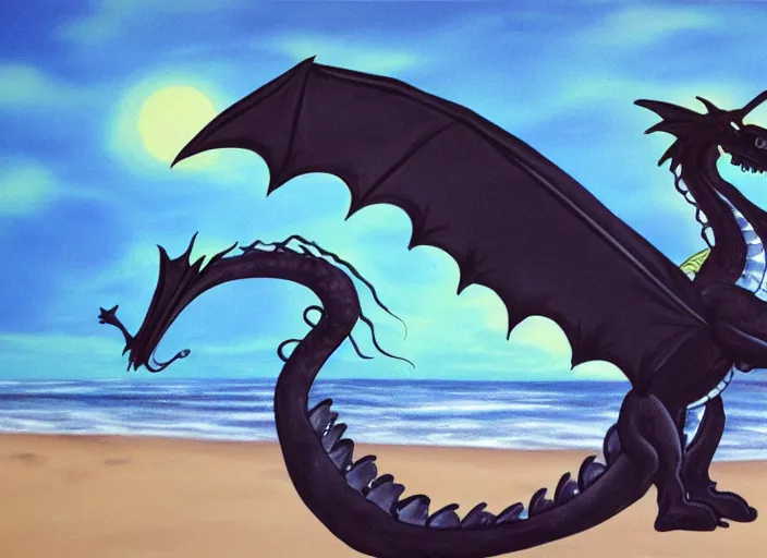 Prompt: dragon, beach, serene, happy, black, artwork, acrylic paint, tonal colors, dark, post processing