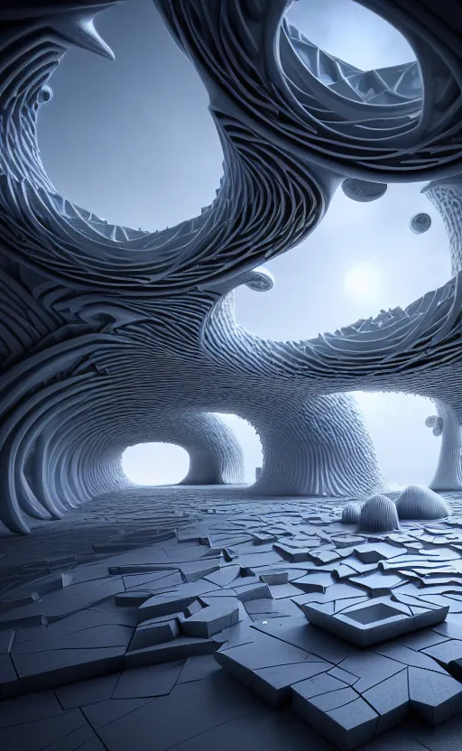 Image similar to highly detailed 3 d render cinematic composition of a white fractal sci - fi architecture landscape, surreal, stone, magnesium, archviz, vincent callebaut composition, mamou - mani, beautiful lighting, hyper detailed, 8 k, unreal engine, hdr, dof