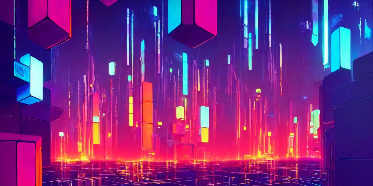 Image similar to a cyberpunk colorful cubes interconnected with glowing tubes, giant tubes connecting separate blocks, blockchain, symmetry, intricate, volumetric lighting, beautiful, rich deep colors masterpiece, sharp focus, ultra detailed, in the style of john harris